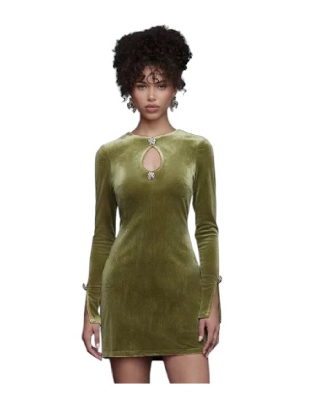 NWT Avec Les Filles Women's Long-Sleeve Stretch Velvet Mini Dress Green Silver
